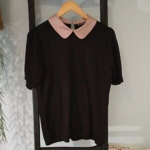 Adrianna Papell Hammered Satin Collar Thin Knit Sweater Shirt